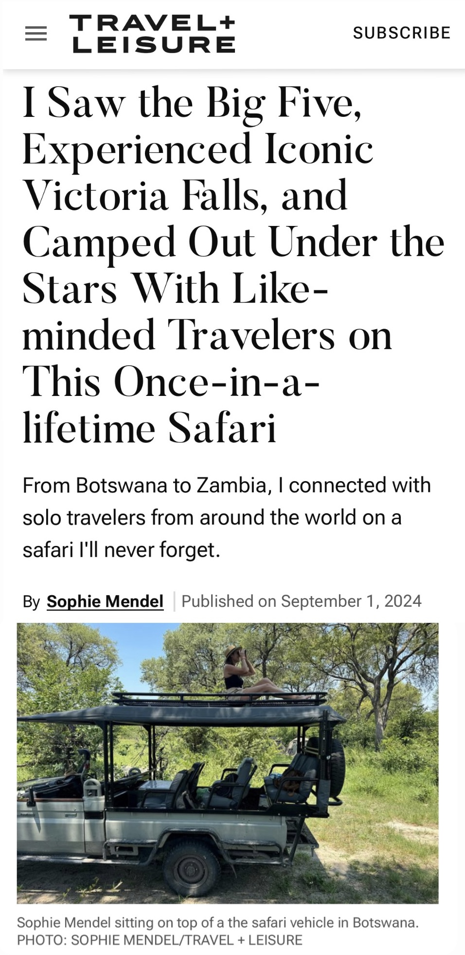 Affordable safari as a solo traveler, Travel + Leisure
